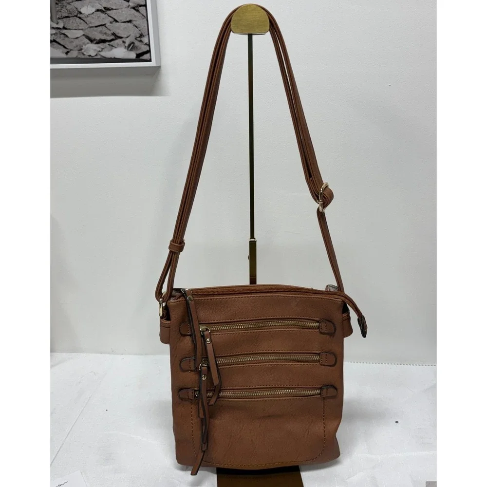 MKF By Mia Collection Vegan Leather Cross Body Shoulder Bag Multi Zipper Pocket